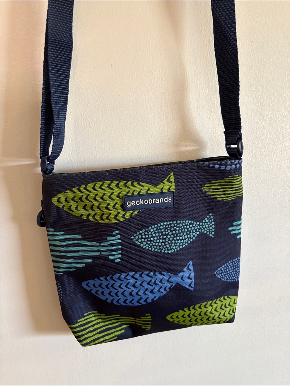 Geckobrands Navy Crossbody Bag with Blue & Green Fish Print New